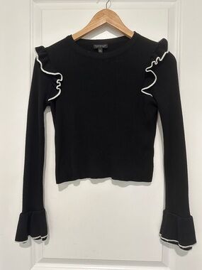 Topshop Black Long Sleeve Knit Top with White Trim Ruffles